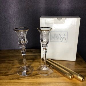 Mikasa Crystal Glass Candle Holder Set of 2 Gold Trim Antique Lace